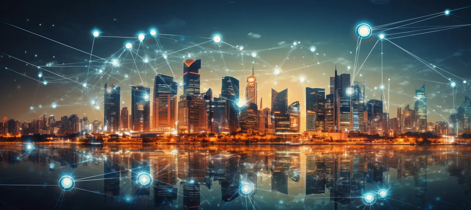 Futuristisches Stadtbild mit Neonlichtern und fliegenden Drohnen, die Finanzdienstleistungen erbringen